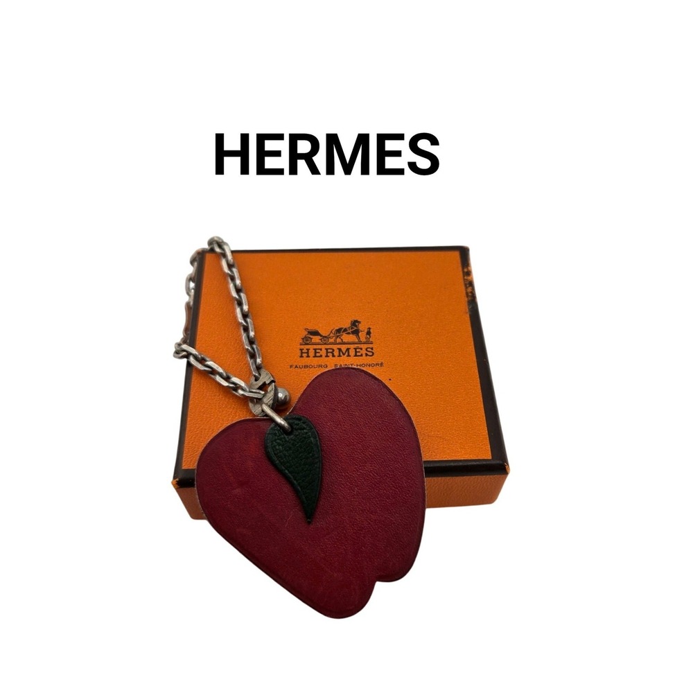Hermes Apple Bag Charm Red Leather Green Leaf Silver Chain Accessory with Box